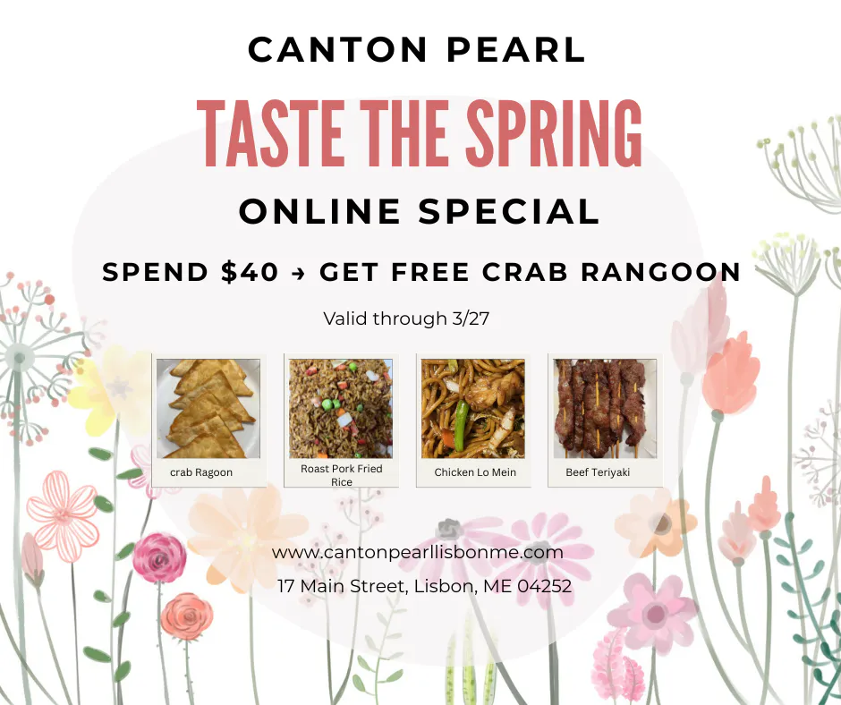 Canton Pearl spring special: Spend $40 online, get free crab rangoon. Valid through March 27.